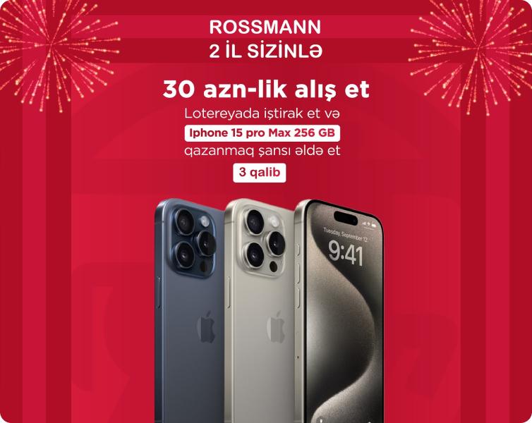 <h1>&ldquo;Rossmann 2 il sizinlə&rdquo;&nbsp; festivalına &ouml;zəl &ldquo;30 azn-lik alış-veriş&nbsp; et, Iphone 15 Pro Max 256 GB&rdquo; qazan lotereyası başladı!</h1>