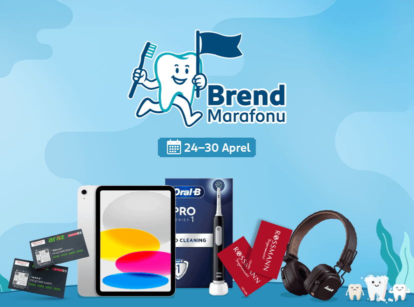 <h1><strong>Brend Marafonu</strong><br />
<br />
M&uuml;ştəri kartı ilə &ldquo;Marvis və Biorepair&rdquo; brendindən kampaniya&nbsp;<br />
tarixlərində ən &ccedil;ox məbləğdə alış-veriş edən m&uuml;ştəriyə<br />
<strong>Apple iPad 10 2022 (10th generation) 64 GB Silver hədiyyə</strong><br />
<br />
M&uuml;ştəri kartı ilə &ldquo;Oral-B&rdquo; brendindən kampaniya tarixlərində&nbsp;<br />
ən &ccedil;ox məbləğdə alış-veriş edən ilk 5 m&uuml;ştəriyə<br />
<strong>Elektrikli diş fır&ccedil;ası Oral-B &nbsp;Pro 1 hədiyyə</strong><br />
<br />
M&uuml;ştəri kartı ilə &ldquo;Eco Denta&rdquo; brendindən kampaniya tarixlərində&nbsp;<br />
ən &ccedil;ox məbləğdə &nbsp;alış-veriş edən 1-ci və 2-ci m&uuml;ştəriyə<br />
<strong>Marshall Major IV Bluetooth Brown hədiyyə</strong><br />
<br />
M&uuml;ştəri kartı ilə &ldquo;Unident və Pesitro&rdquo; brendlərindən kampaniya&nbsp;<br />
tarixlərində ən &ccedil;ox məbləğdə alış-veriş edən<br />
<strong>1-ci m&uuml;ştəriyə 200 Azn dəyərində Rossmann hədiyyə kartı<br />
2-ci m&uuml;ştəriyə 100 Azn dəyərində Rossmann hədiyyə kartı<br />
<br />
24-20 Aprel</strong></h1>
